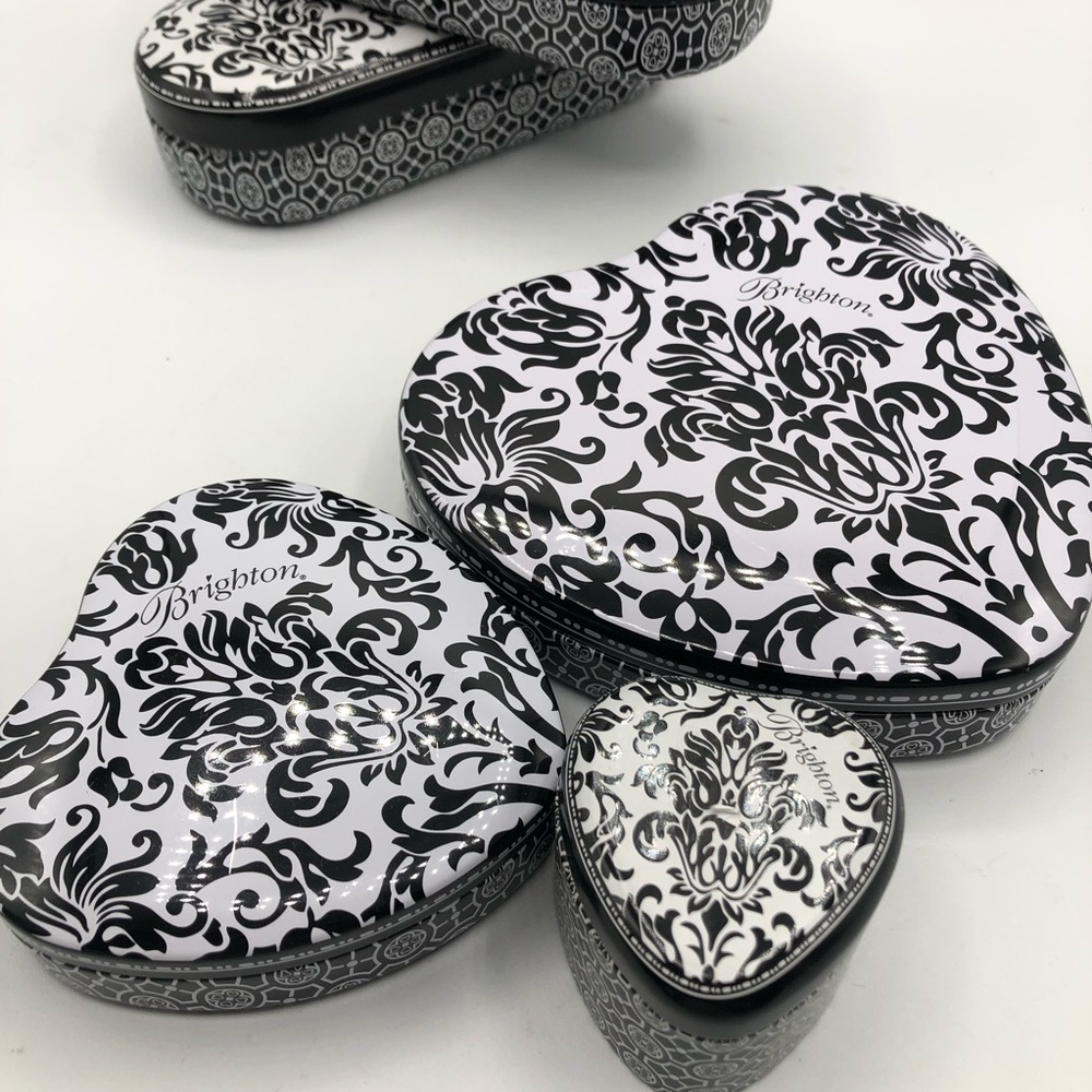 3 Brighton Heart Shaped Tins Keepsake Boxes incl Ring Box Black White